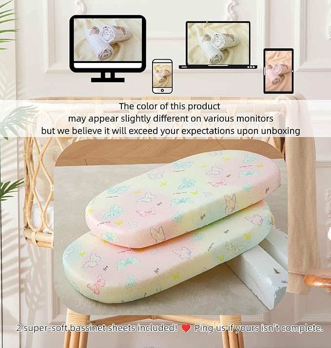 Jersey Butterfly Bassinet Sheets for Baby Girls,32 "x 16 "x 4", 2 Pack,Pink Cute Kawaii Standard Oval/Retangle Fitted Bassinet Sheets for Toddler,Super Soft Breathable