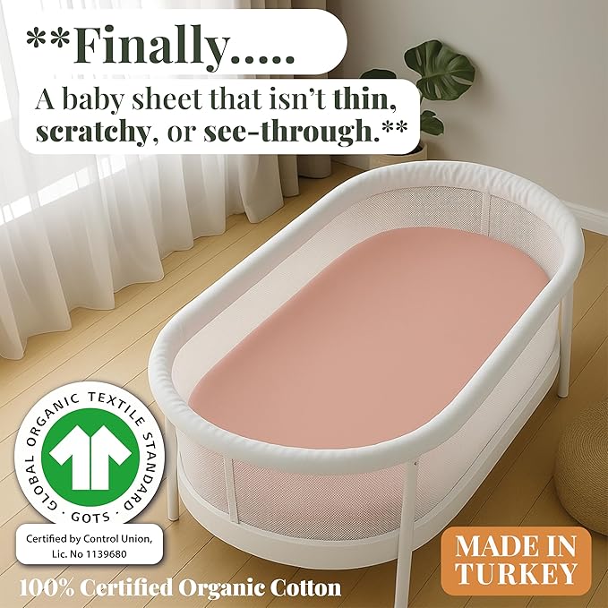 GOTS Organic Bedside Bassinet Sheets 33x20 for Maxi COSI Iora, Cowiewie, Baby Delight, Mika Micky, Ronbei, Koola Baby Bond, Kidsclub, Luxury Turkish Cotton - Rectangle 32x19-33x20