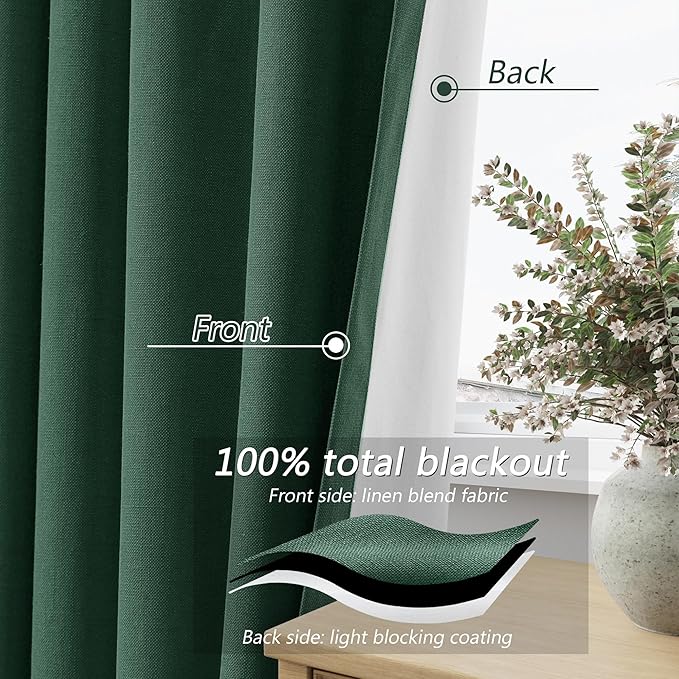 Guken Green 100% Blackout Curtains 108 Inch Length 2 Panels Set for Living Room Bedroom Back Tab Thermal Insulated Black Out Linen Drapes Room Darkening Window Curtains 52 Inches Width