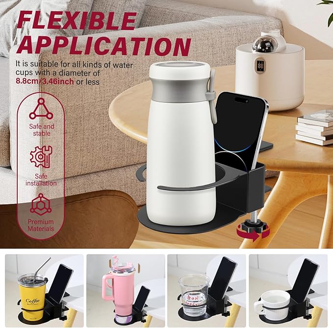 Desk Cup Holder for Coffee Mugs, Tumblers, Water Bottles with Mobile Phone Stand, Anti-Spill Metal School Home Office Accessories (Black-1)