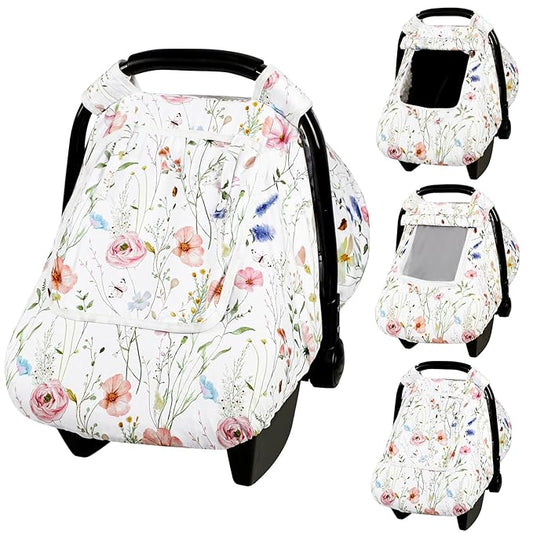 Car Seat Cover Baby, Anti-Kick Carseat Covers Baby Girl, Warm Minky Infant Car Seat Canopy with Mesh Window, Multi-Use Cover Protecting Baby from Wind, Sun, Strangers, White Flowers