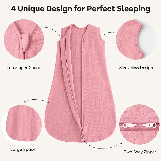 Unnivoll Baby Sleep Sack 6-12 Months 1.0 Tog Baby Wearable Blanket Cotton Sleeping Sack Quilted Baby Sleep Bag with 2-Way Zipper for Infant Newborn Pink