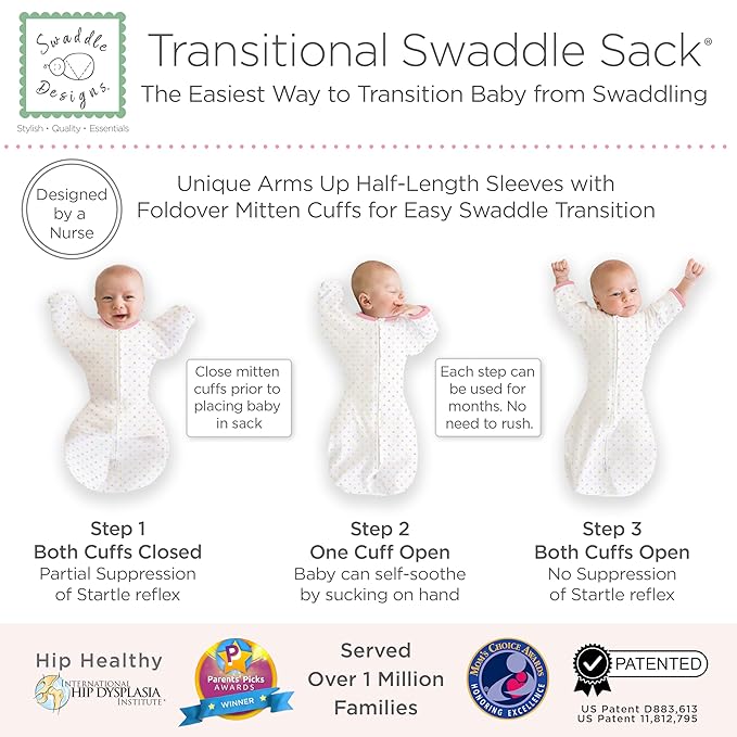 SwaddleDesigns Transitional Swaddle Sack, Arms Up Half-Length Sleeves & Mitten Cuffs, Swaddle for Newborn Transition to Baby Sleep Sack Wearable Blanket, Med, 3-6 month, 14-21 lb, Pink Tiny Triangles