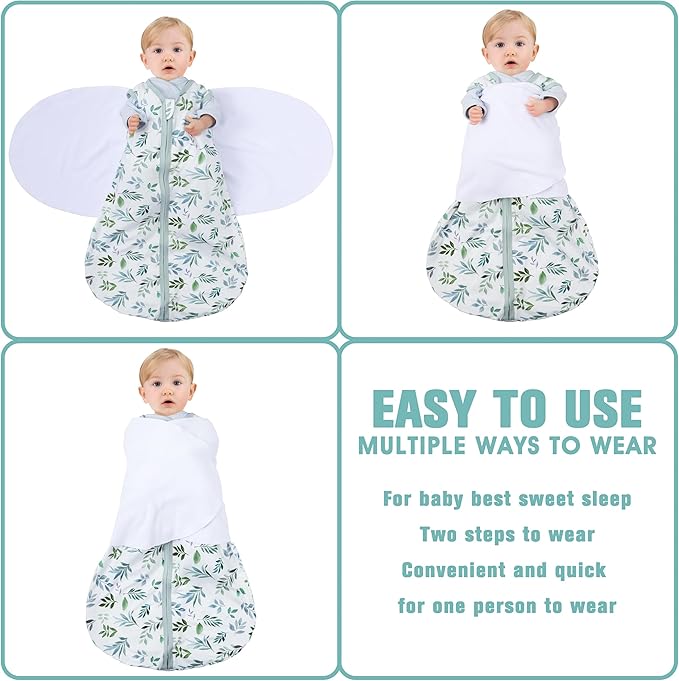 BSTOPPT Newborn Sleep Sack Baby Swaddle,0-3 Months,3-Way Adjustable Wearable Blanket,100% Rayon Cotton Swaddling Sleeping Bag，TOG 0.5（Banana&Leaf）