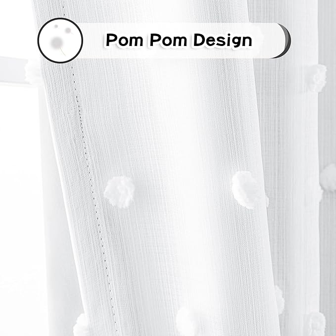 MYSKY HOME 100% White Blackout Curtains for Girls Bedroom 90 Inch Long Total Light Blocking Curtains for Living Room 2 Panels Room Darkening Grommet Window Drapes with White Pom Pom Sheer 52W x 90L