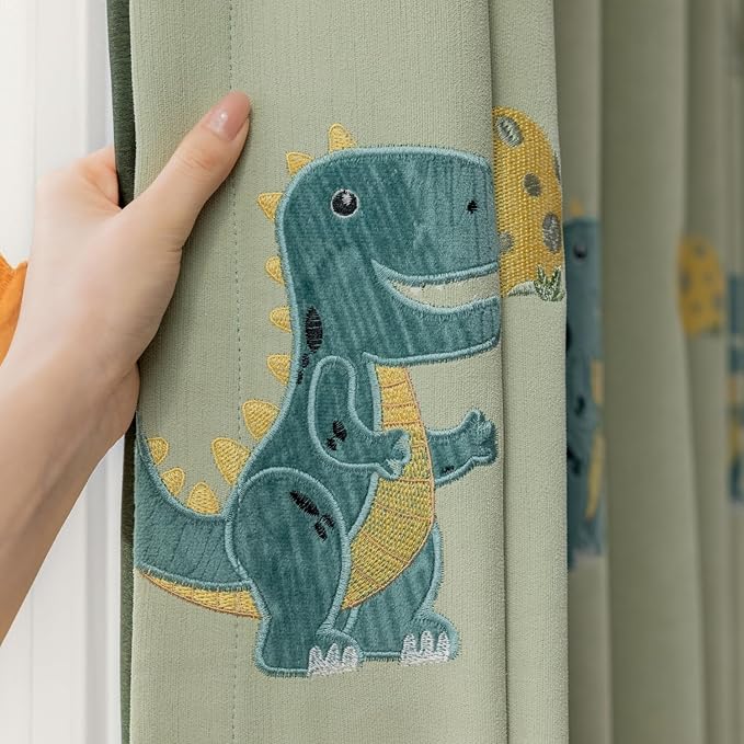 Cartoon Dinosaur Kids Curtains with Blackout Liner Embroidery Nursery Curtains for Children Boys Baby Bedroom Living Room Grommet Top Room Darkening Window Drapes 1 Panel (Green,W52 x L63 Inch)