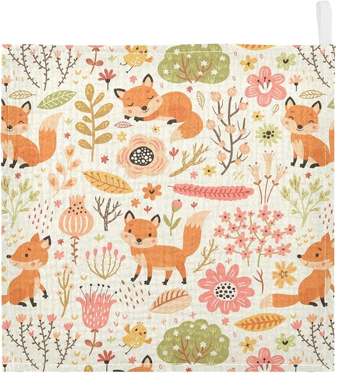 vvfelixl Baby Washcloths Cotton Foxes and Flowers Flesh Colored Baby Muslin Washcloths Soft Baby Face Towel for Newborn Infants Baby Wipes, 11.8 X 11.8 Inch, 3 Pack