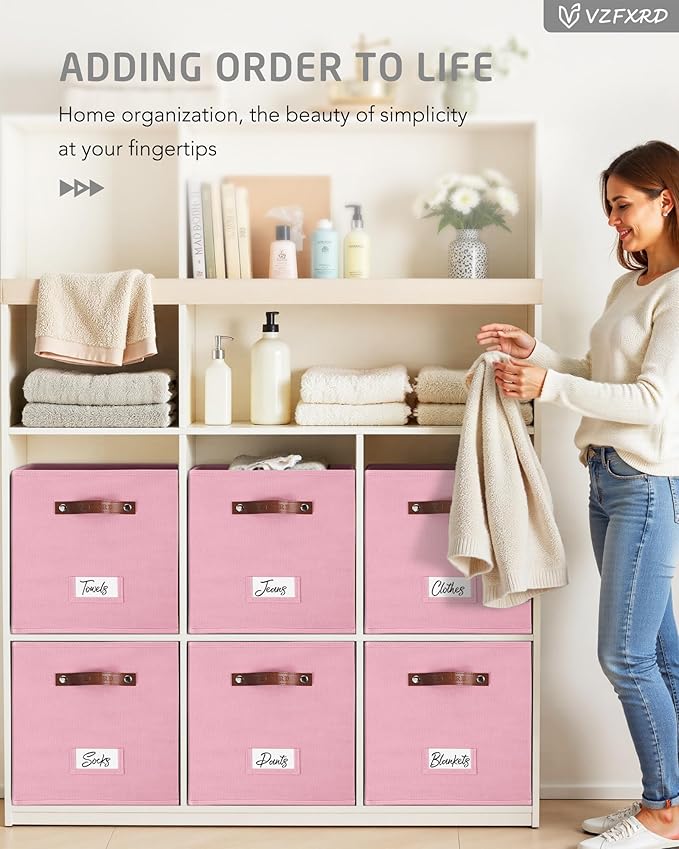 13 Inch Cube Storage Bin Fabric Basket with Handles and Labels, Cube Storage Organizer for Closet, Bedroom, Living Room (Pink,6 Pack)