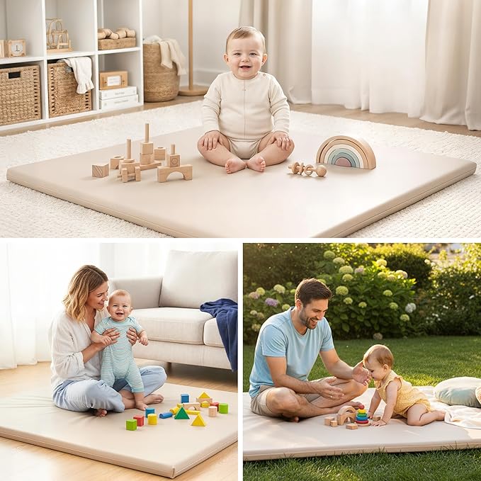 Thick Baby Play Mat – 50x50x1 Rollable Foam Floor Mat for Babies, Tummy Time, Crawling & Safe Indoor Play – Waterproof, Non-Toxic & Easy to Clean – Beige