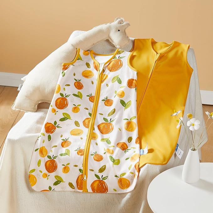 TILLYOU 2 Pack Baby Sleep Sack 6-12 Months 100% Cotton Wearable Blanket 0.5 TOG Sleeveless Summer Sleep Sacks with 2-Way Zipper, Orange Flavour & Orange