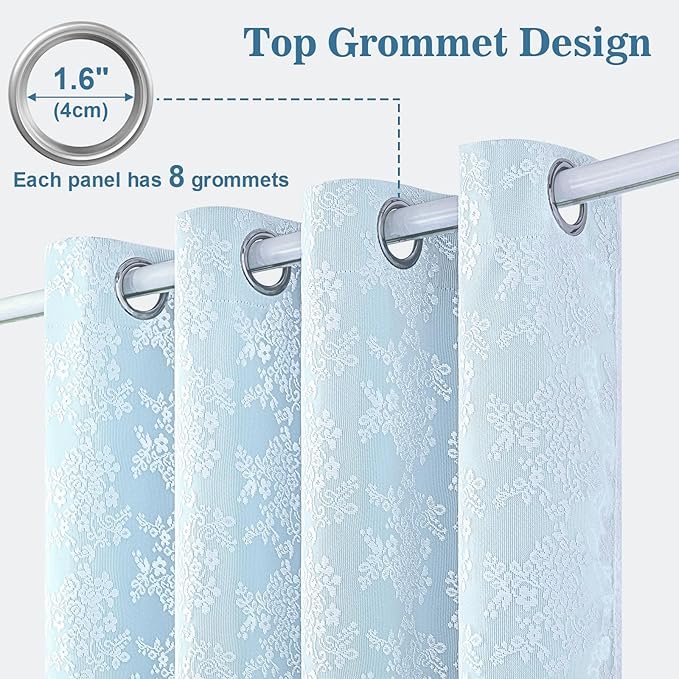 Yinhua Double Layer Blackout Curtains for Bedroom Blue Curtains for Living Room 84 Inch Length 2 Panels Set Kid Curtain with Tiebacks, Grommet Drapes with Floral Sheer Overlay, 52" W x 63" L