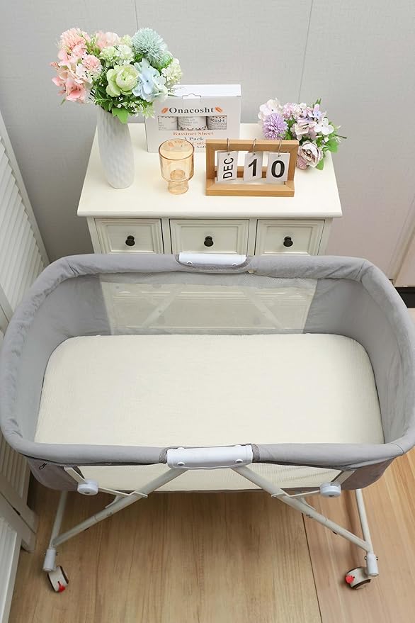 Onacosht Muslin Bassinet Sheets 3 Pack, 100% Cotton Baby Fitted Sheet 33" X 17" for Standard Rectangle Round Oval and Hourglass Bassinet Mattress, Leaf and Floral Beige