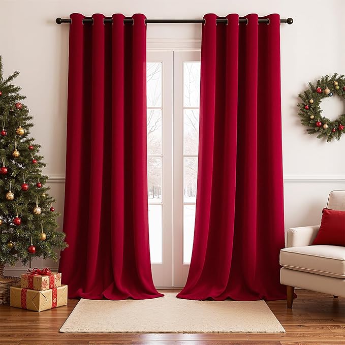 Topfinel 96 Inch Long Red Velvet Blackout Curtains 2 Panels Elegant Christmas Decorctive Heavy Room Darkening Soundproof Thermal Grommet Drapes for Living Room Bedroom Winter Holiday Decor,Set of 2