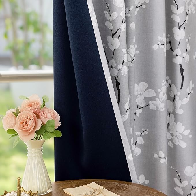 FMFUNCTEX 100% Blackout Floral Curtains for Bedroom, Grey Curtains 90 inches Long Blossom Flower Patterned for Living Room,Thermal Insulated Farmhouse Drapes, Grommet Top 2 Panels (White on Grey)