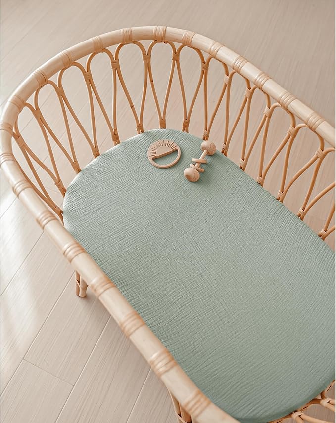 Konssy Muslin Bassinet Sheets for Baby Girl Boy, 2 Pack Soft Breathable Baby Bassinet Mattress Sheets Fit for Hourglass Oval Cradle, Moses Basket Rectangle Mattress (Green, Green Leaves)