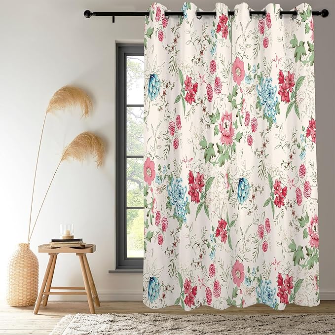Renaiss Boho Flower Blackout Curtains Wild Blue Pink Floral Thermal Insulated Window Drapes for Bedroom 29W x 45L inches 2 Panel Set Beige Window Curtain Panels for Kitchen