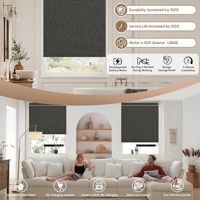 Kincmo No Drill Motorized Blinds with Remote, 100% Blackout Roller Shades for Windows, Custom Electric Blinds Compatible with Alexa, Apple Homekit, Google Home (100% Blackout Starscape Brown)