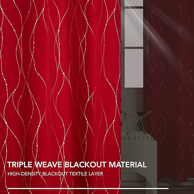Deconovo Christmas Red Curtains, Blackout Thermal Insulated Soundproof Drape, Wave Line Dot Foil Print, 52 x 95 Inch, 2 Panels, Machine‑Washable Window Panel for Living Room Bedroom Sliding Glass Door