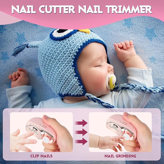 Automatic Nail Clipper Electric Nail Trimmer Polisher 3 in 1 Portable Fingernail Cutter with Light 2 Speeds File Nail Clip Storage Rechargeable Safety Trimmer for Seniors Adults Kids Baby (Pink)