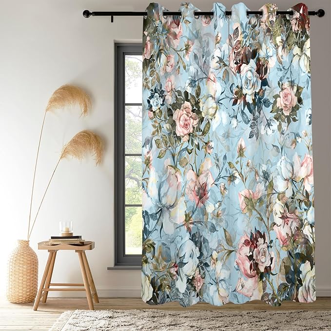 Renaiss Blue Rose Floral Blackout Curtains, Light Blue Watercolor Flowers Blossom Bedroom Window Curtains, Vintage Grommet Window Drapes for Living Room 42W x 96L 2 Panels Set
