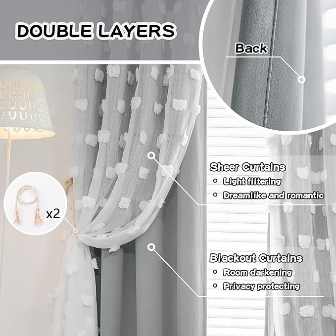 MYSKY HOME Grey Curtains for Bedroom 72 Inches Long Blackout Curtains Pom Pom White Sheer Curtains for Boys Room Double Layer for Toddler Bedroom Grommet Room Darkening Window Panels 52 x 72 Inch