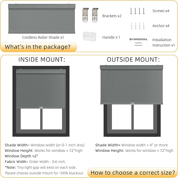 ChrisDowa Cordless Blackout Roller Shades for Windows, Striped Free-Stop Window Blinds with Privacy, Thermal Insulated Window Shades for Home, Office and Door. Grey, 27" W x 72" H