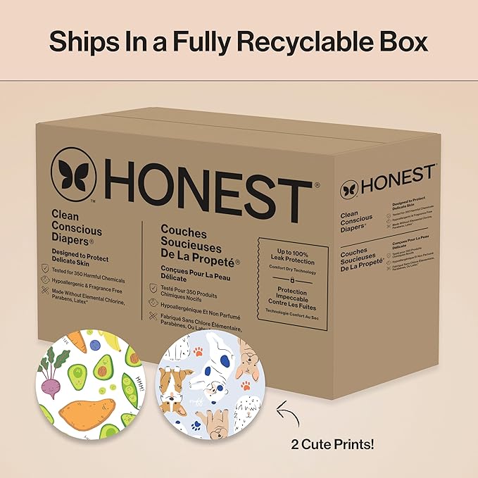 The Honest Company Comfort Dry Disposable Diapers for Sensitive Skin, Hypoallergenic, Fragrance-Free, So Delish + It's a Pawty, Super Club Box, Size 6 (35 lbs), 68 Count