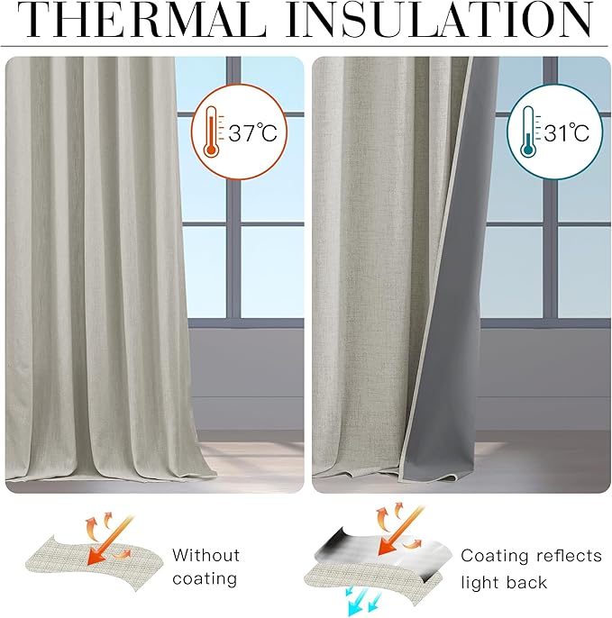 RYB HOME Cream 100% Blackout Linen Curtains 72 inch Long, Thermal Insulated & Privacy Assurd Drapes for Bedroom/Office/Nursery, Rod Pocket & Back Tab Window Treatment, W52 X L72, 2 Panels