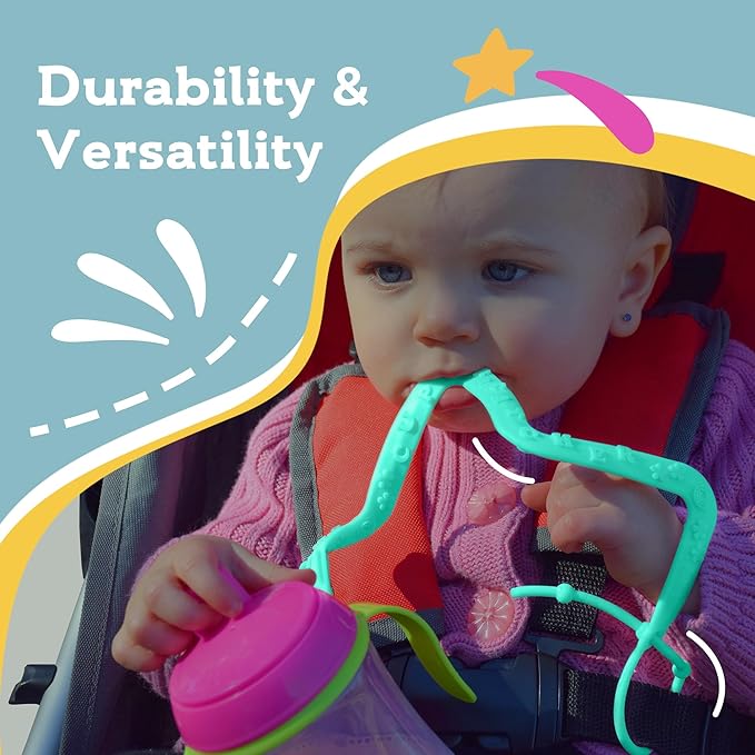 Brilli Baby Cup Catcher Patented Safety Tether Strap, Attach Sippy Cups, Bottles, Pacifiers & More to Stroller, High Chair, Car Seat, Made in USA, Food Grade, Dishwasher Safe (Lavender & Aqua)