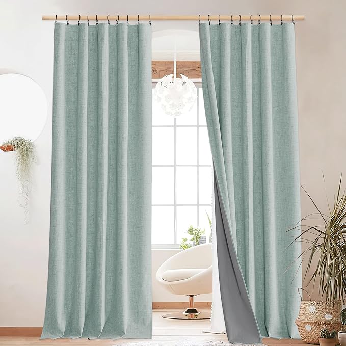 NICETOWN Full Blackout Linen Curtains for Living Room 102" Length with Thermal Insulated Liner, Farmhouse Style Keep Cool & Warm Large Window Drapes for Hall, Villa (2 Panels, 52" Wide, Seafoam Green)