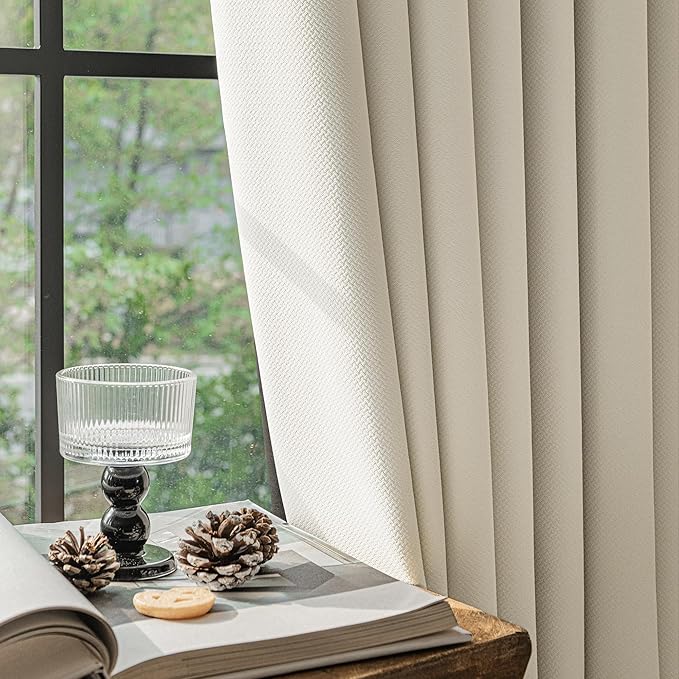 FMFUNCTEX 100% Blackout Curtains for Bedroom, Beige Back Tab Curtain 108 Inches Long Drapery Thermal Insulated Curtains for Living Room, Black Out Drapes Rod Pocket Room Darkening 2 Panels