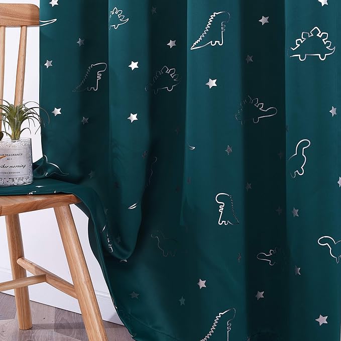 LORDTEX Dinosaur and Star Foil Print Blackout Curtains for Kids Room - Thermal Insulated Curtains Noise Reducing Window Drapes for Boys and Girls Bedroom, 52 x 84 Inch, Sapphire, Set of 2 Panels