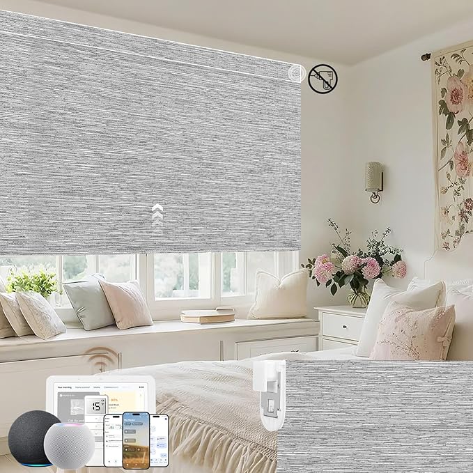 Kincmo No Drill Motorized Blinds with Remote, 100% Blackout Roller Shades for Windows, Custom Electric Blinds Compatible with Alexa, Apple Homekit, Google Home (100% Blackout Dreamy Grey)