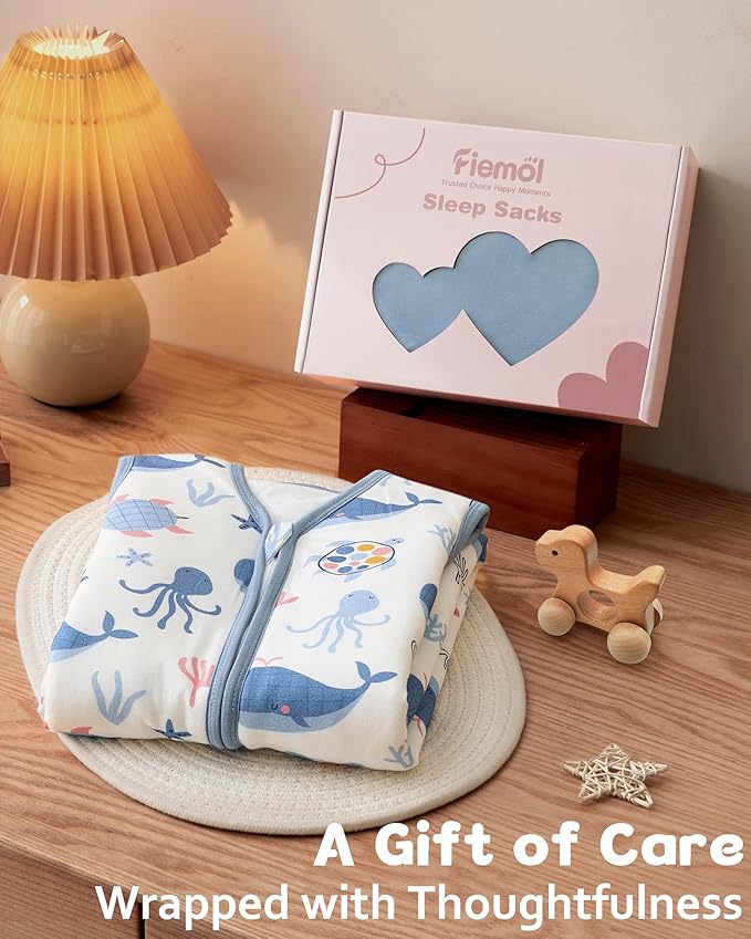 FIEMOL Rayon Made from Bamboo Baby Sleep Sack 0-6 Months, 1.0 Tog Baby Wearable Blanket, Soft Sleeping Bag for Newborn Infant Babies with 2-Way Zipper 2 Pack (Small) Blue Whale