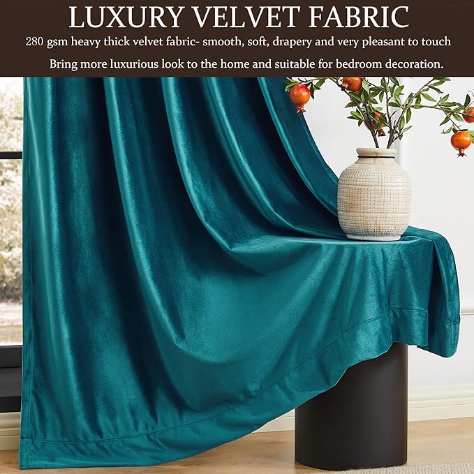 100% Full Blackout Teal Green Velvet Curtains 63 inch Long for Living Room,Set of 2 Panels Liner Rod Pocket Back Tab Thermal Window Curtains Room Darkening Heavy Decorative Drapes for Bedroom