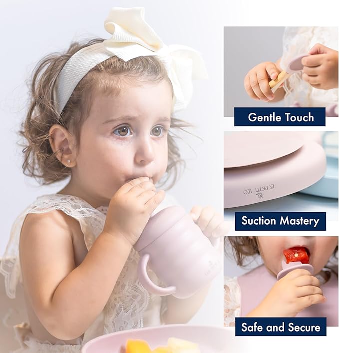 Silicone Baby Feeding Set - Complete Baby Led Weaning Supplies with Non-Toxic Silicone Bibs, Suction Plates, Suction Baby Bowl, Sippy Cup, Baby Spoons and Fork, Toddler Utensils (Angelic Pink)