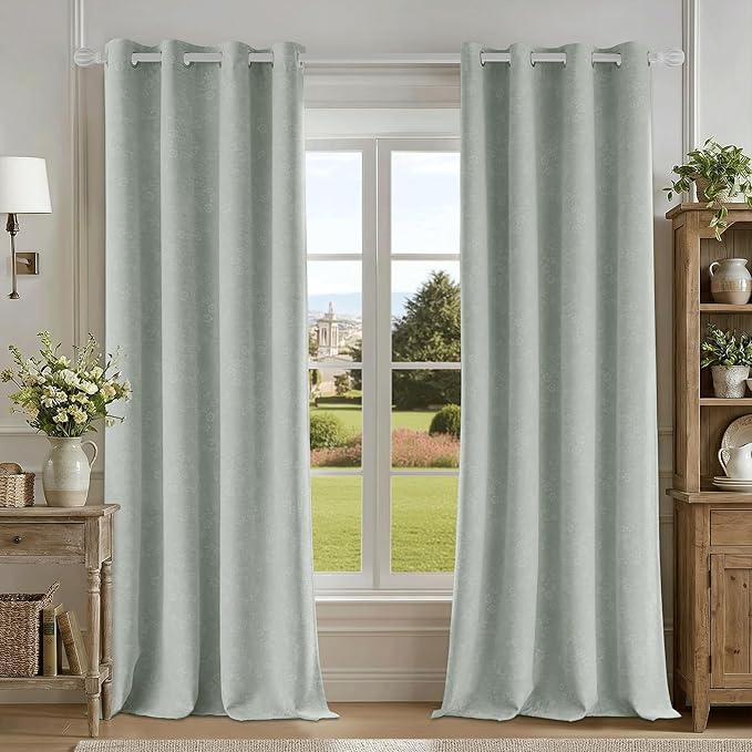 Beauoop Green Floral Jacquard Blackout Curtains 63 Inches Long 2 Panels for Living Room Bedroom Chenille Flower Room Darkening Thermal Insulated Soundproof Grommet Window Drapes, 52x63 Set of 2