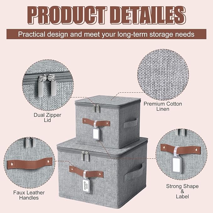 6 Pack Fabric Closet Storage Bins with Zipper Lids and Label, 10×8×7In Large Size Foldable Cotton Linen Storage Cubes Boxes with PU Leather Handles Holders for Bedroom, Shelf, Nursery, Gray