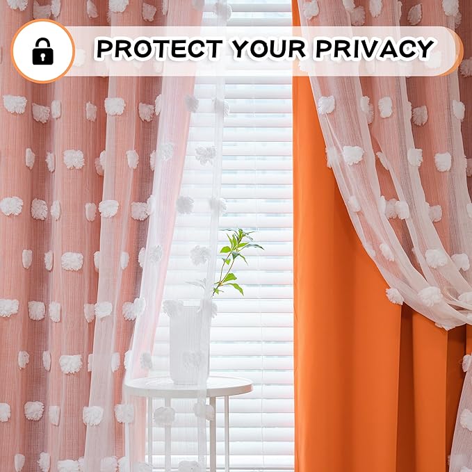MYSKY HOME Orange Blackout Curtains for Living Room Girls Bedroom Double Layer Curtains Nursery Kids Room 84 Inch Long Curtains White Pom Pom Sheer Grommet Room Darkening Window Curtains, 52" x 84"