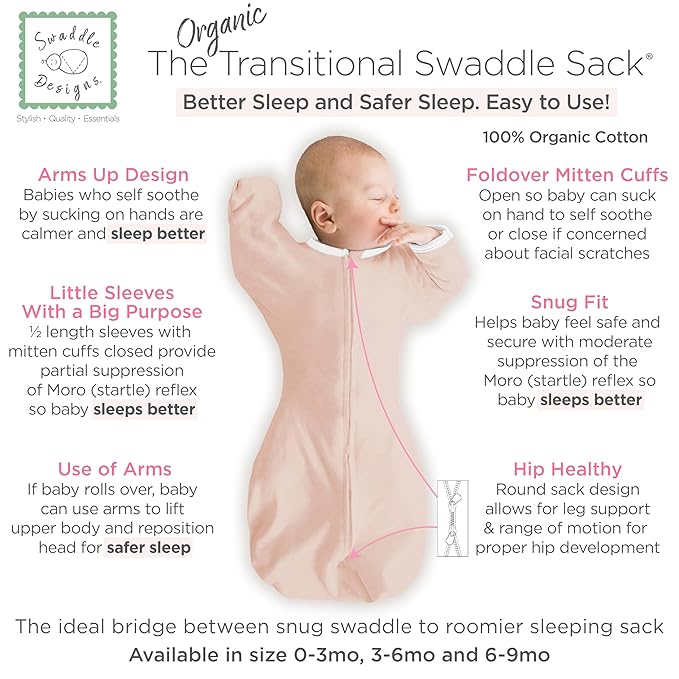 SwaddleDesigns Organic Transitional Swaddle Sack, Arms Up Swaddle with Half-Length Sleeves & Mitten Cuffs, Small, 0-3 Months, 6-14 lbs, Soft Pink