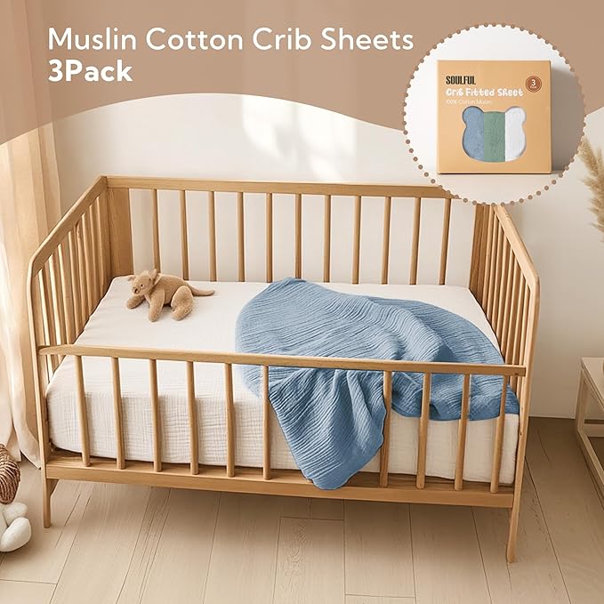 SOULFUL Muslin Crib Sheets for Boys Girls, 3 Pack Soft and Breathable Cotton Fitted Crib Sheets for Standard Crib Mattress (28"x 52", White & Blue & Green)