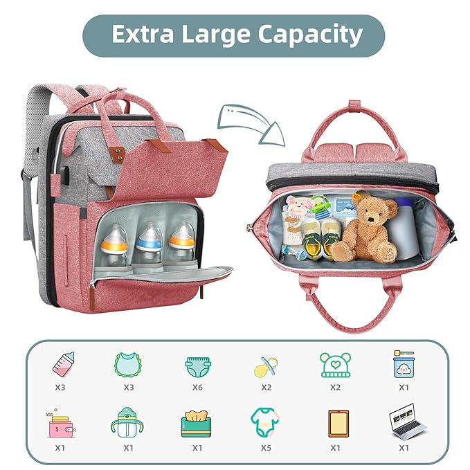 Diaper Bag Backpack with Changing Station, Large Diaper Bag, Baby Bag with Changing Station, Pink Diaper Bag, Pinkgray