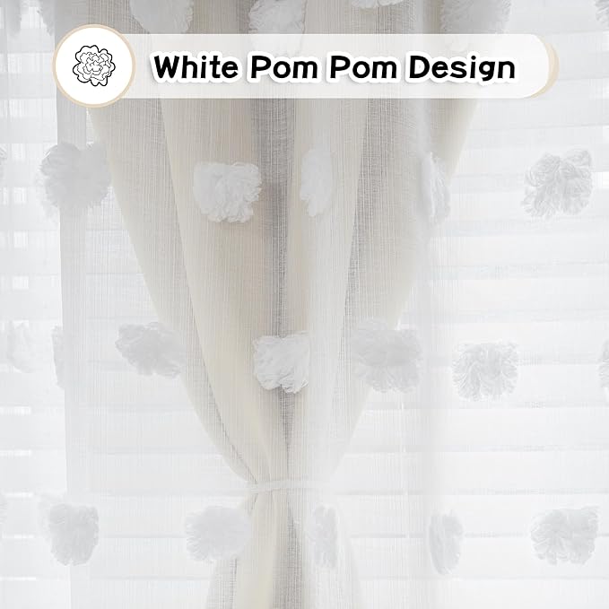 MYSKY HOME Kids Curtains for Girls Bedroom Double Layer Curtain for Daughter Room 84 Inches Long Pom Pom Sheer Drapes Beige Curtains for Living Room Grommet Room Darkening Panels W52 X L84