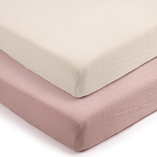 lulumoon Mini Crib Sheets 2-Pack: Soft Muslin Cotton Pack and Play Sheets for Playard Mattress - Nursery & Baby Shower