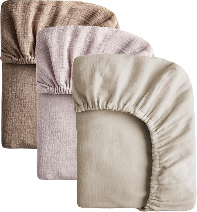 SOULFUL Muslin Crib Sheets for Boys Girls, 3 Pack Soft and Breathable Cotton Fitted Crib Sheets for Standard Crib Mattress (28"x 52", Light Tan & Brown & Mist Pink)