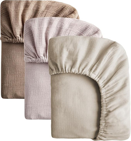 SOULFUL Muslin Crib Sheets for Boys Girls, 3 Pack Soft and Breathable Cotton Fitted Crib Sheets for Standard Crib Mattress (28"x 52", Light Tan & Brown & Mist Pink)