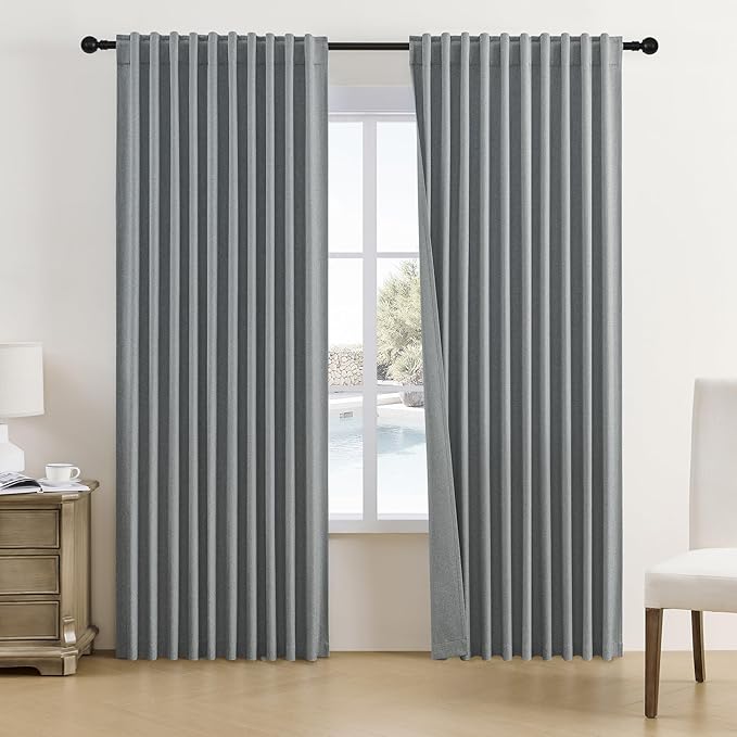 DUALIFE Dark Grey Curtains 96 Inch Length - Back Tab Pocket Pleated Room Darkening Curtains for Bedroom Living Room,Dining Room,Patio Sliding Glass Door Curtain Drapes(84W x 96L, 2 Panels)