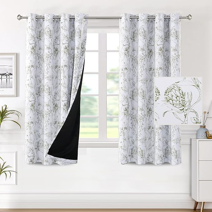 H.VERSAILTEX 100% Blackout Curtains for Living Room Camellia Floral Blackout Curtains 63 Inches Long Light Blocking Window Treatment Curtains with Black Liner Grommet Thermal Drapes, 2 Panels, Olive