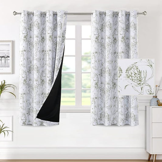 H.VERSAILTEX 100% Blackout Curtains for Living Room Camellia Floral Blackout Curtains 63 Inches Long Light Blocking Window Treatment Curtains with Black Liner Grommet Thermal Drapes, 2 Panels, Olive