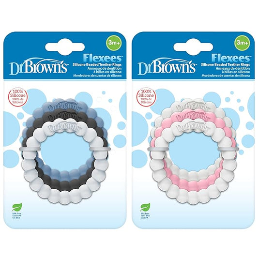 Dr. Brown's Flexees Beaded Baby Teether Rings,Soft 100% Silicone, 6 Pack, Blue & Pink Variety, BPA Free, 3m+